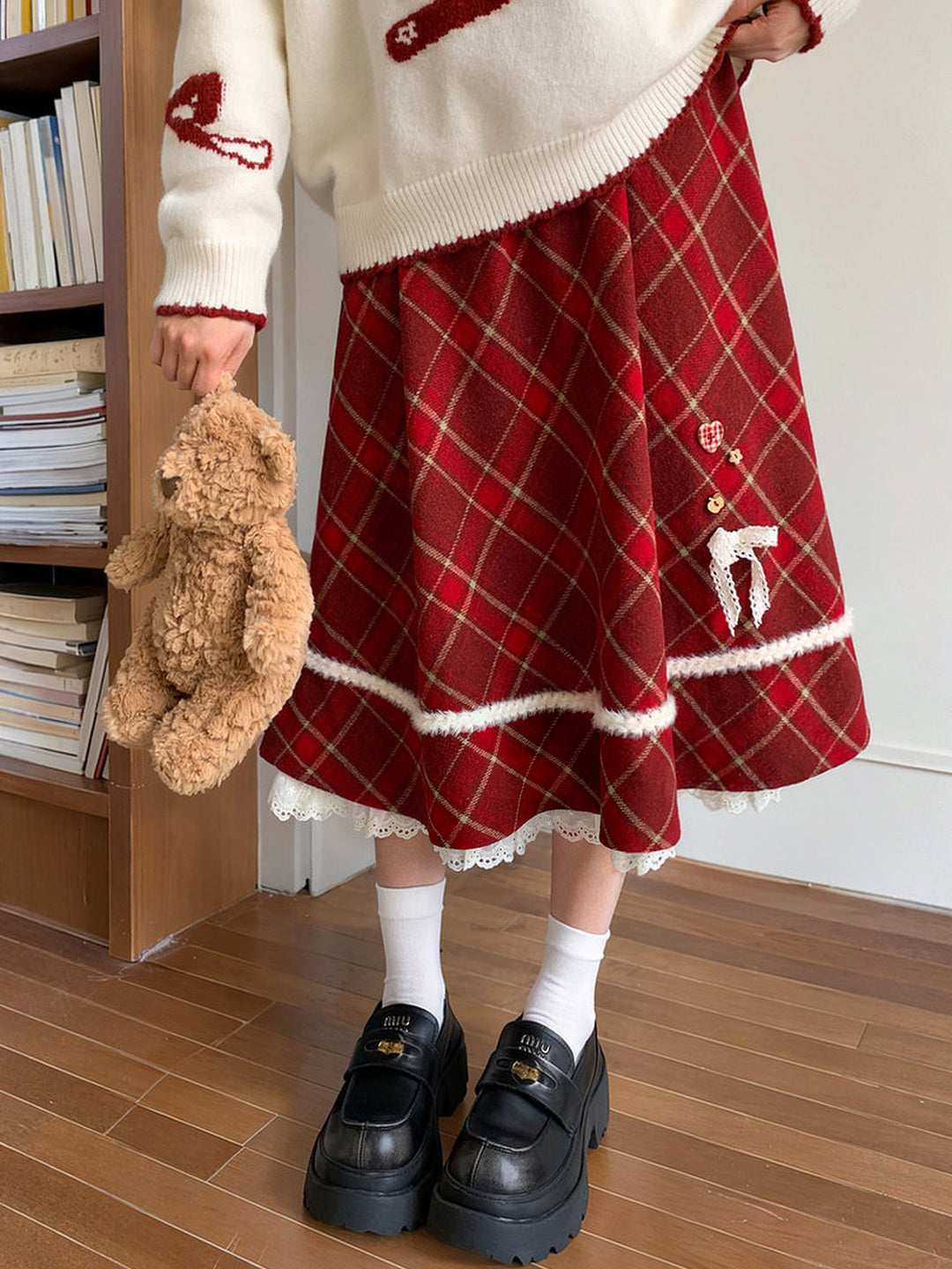 Red Plaid Layered Midi Skirt
