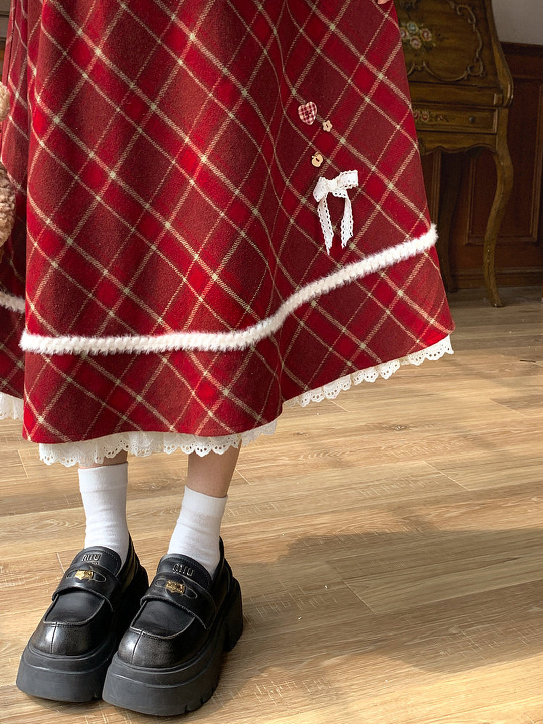 Red Plaid Layered Midi Skirt
