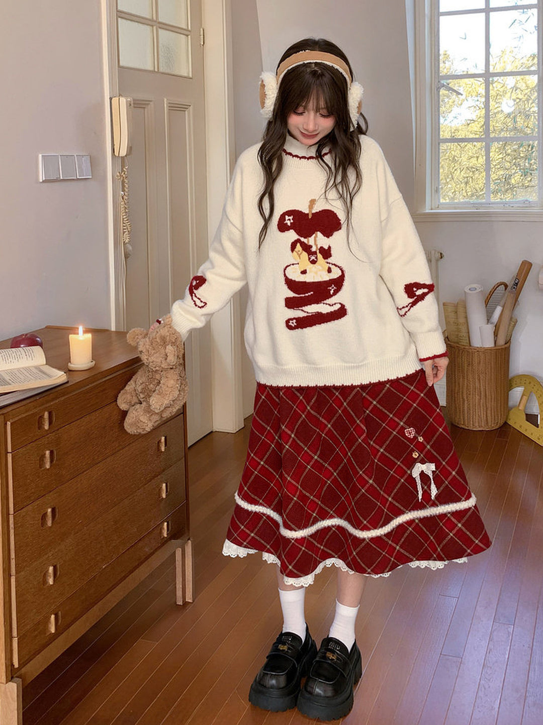 Red Plaid Layered Midi Skirt