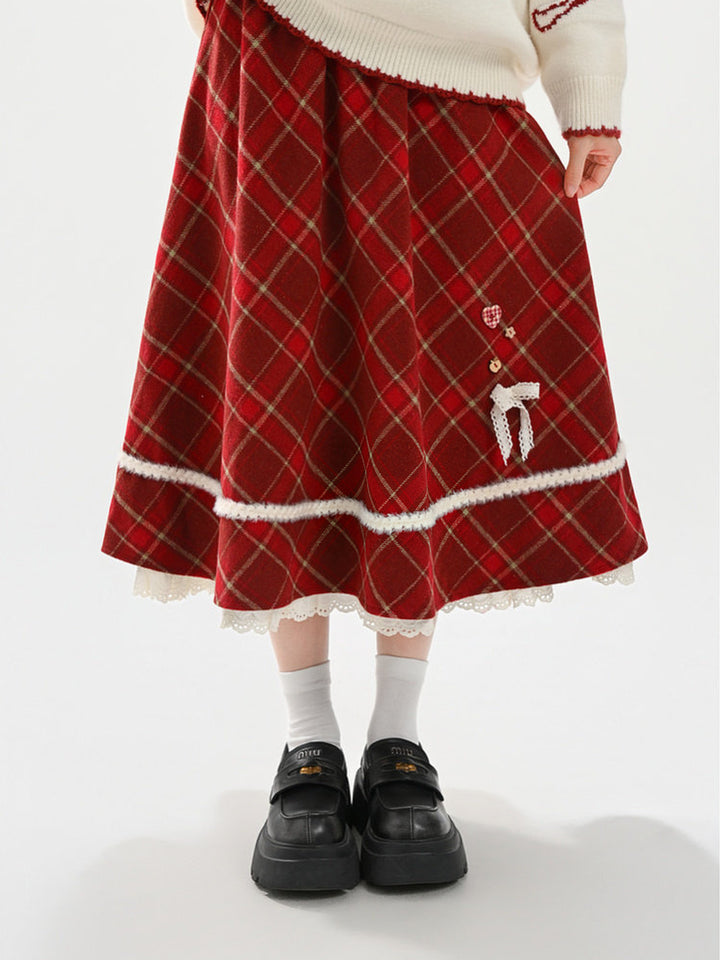 Red Plaid Layered Midi Skirt