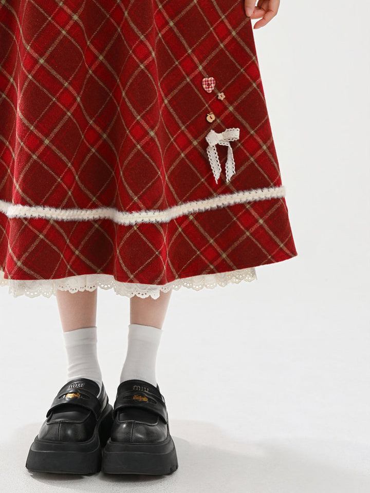 Red Plaid Layered Midi Skirt
