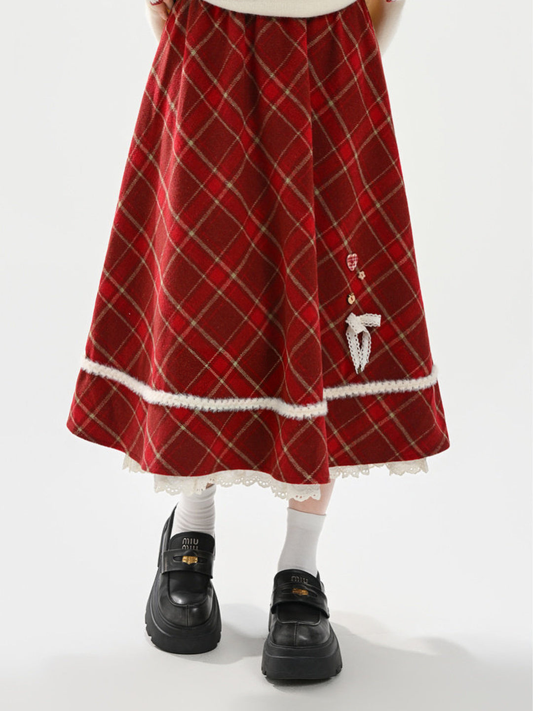 Red Plaid Layered Midi Skirt