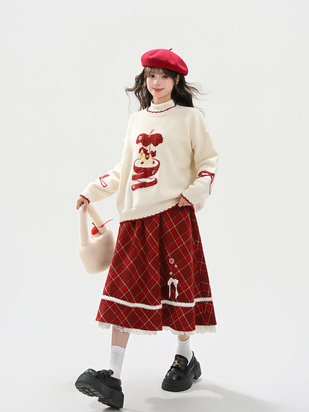 Red Plaid Layered Midi Skirt