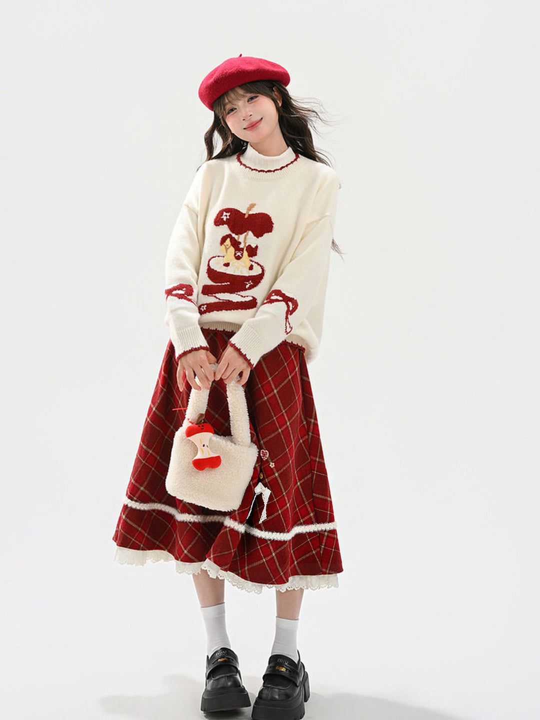 Red Plaid Layered Midi Skirt