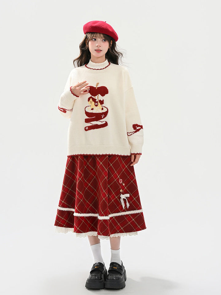 Red Plaid Layered Midi Skirt