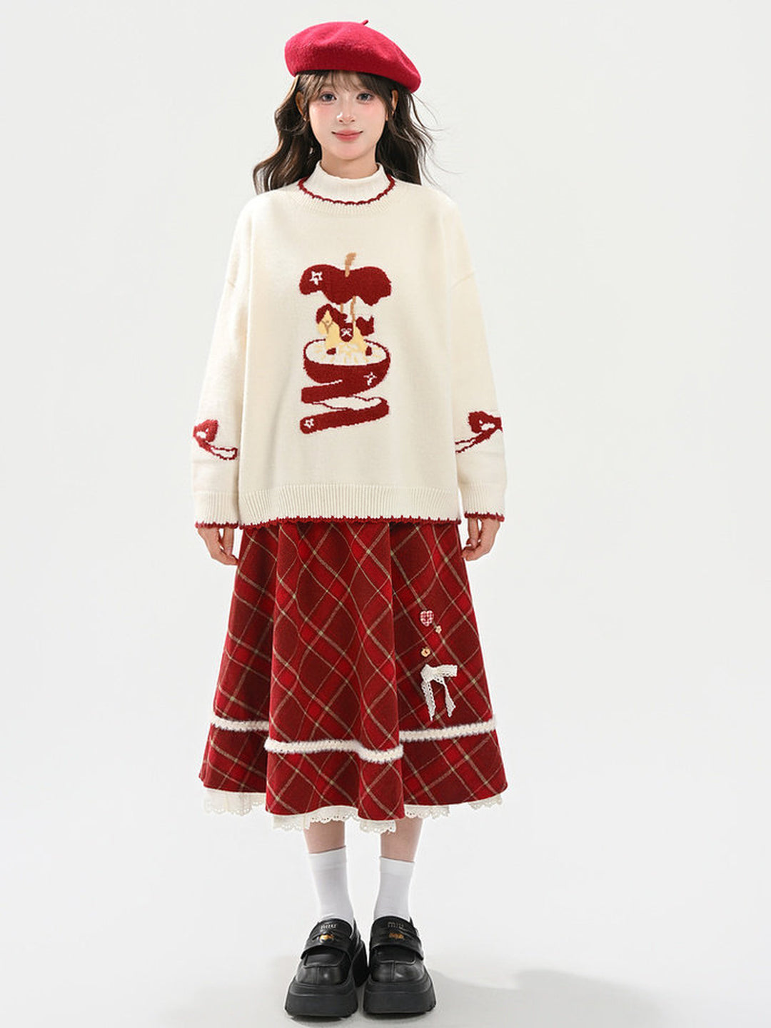 Red Plaid Layered Midi Skirt