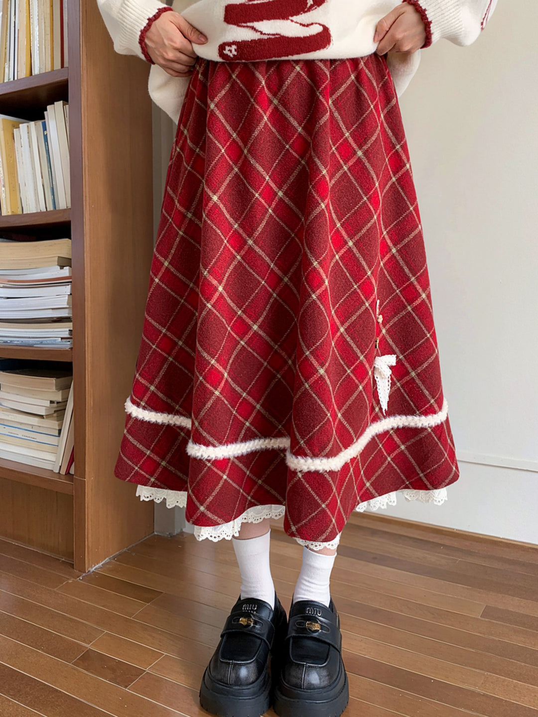 Red Plaid Layered Midi Skirt