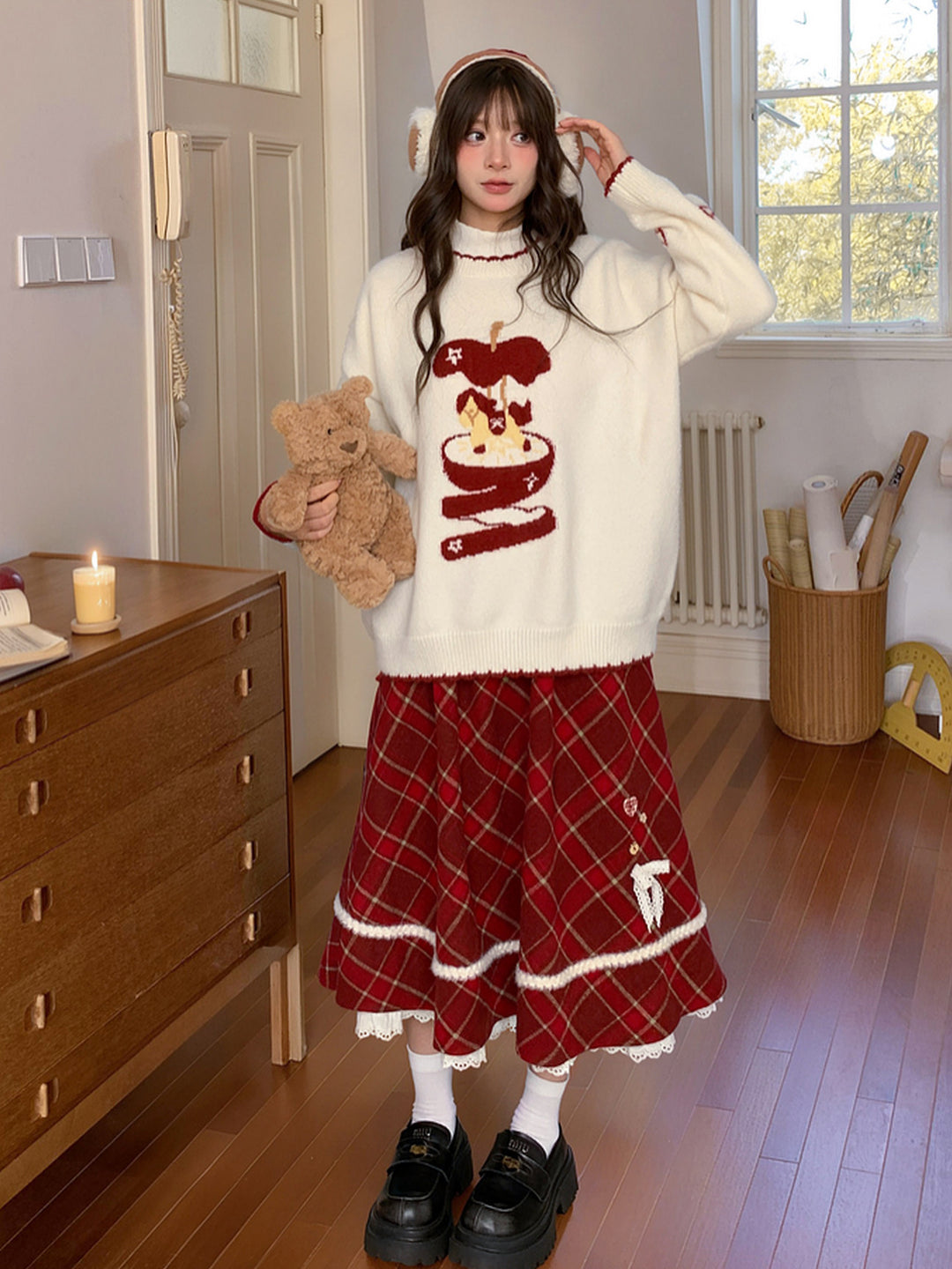 Red Plaid Layered Midi Skirt