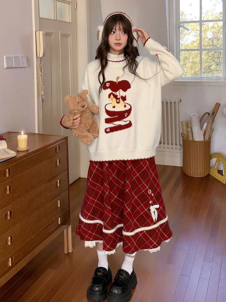 Red Plaid Layered Midi Skirt