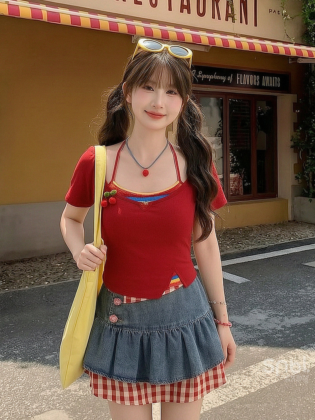 Y2K Cherry Faux Layered Crop Top