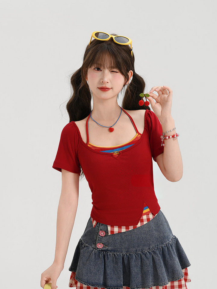 Y2K Cherry Faux Layered Crop Top