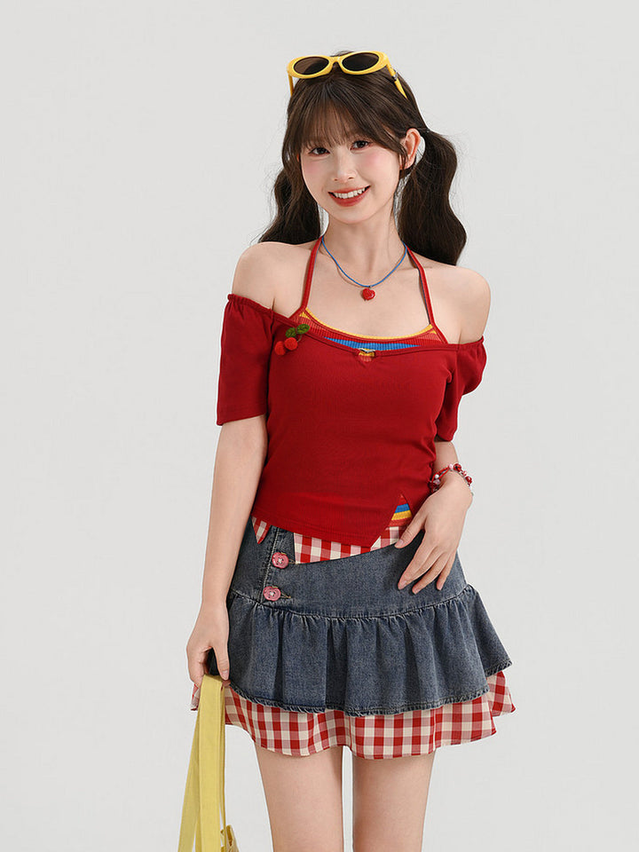 Y2K Cherry Faux Layered Crop Top