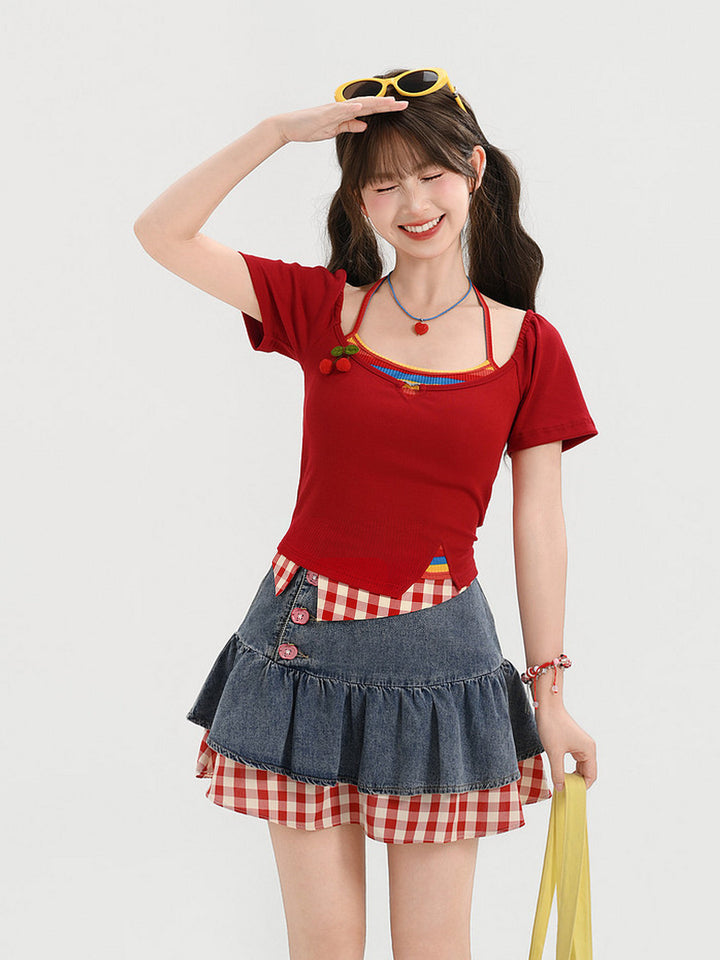 Y2K Cherry Faux Layered Crop Top