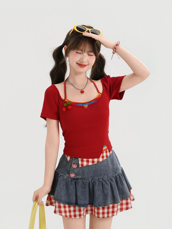 Y2K Cherry Faux Layered Crop Top