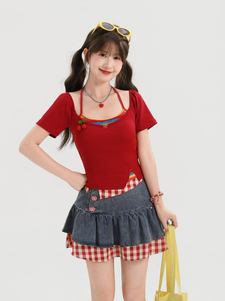 Y2K Cherry Faux Layered Crop Top