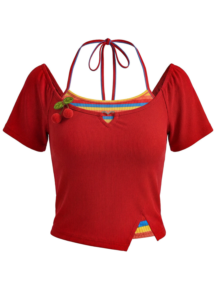 Y2K Cherry Faux Layered Crop Top