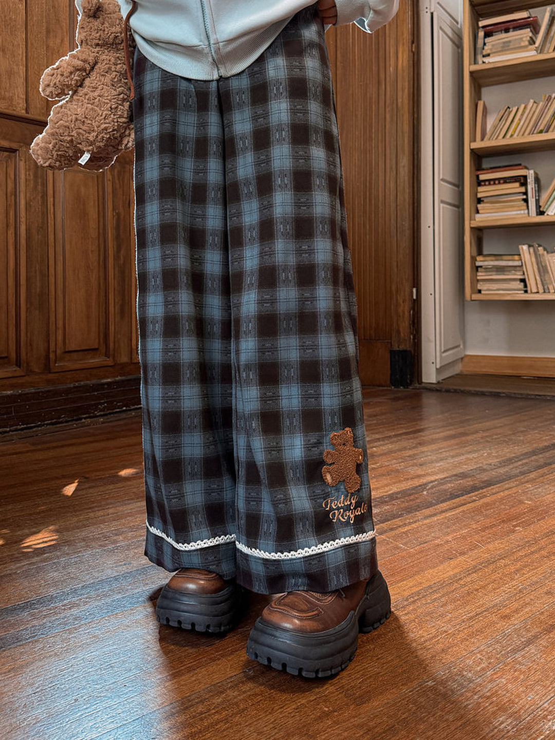 Blue Plaid Teddy Bear Wide Leg Pants