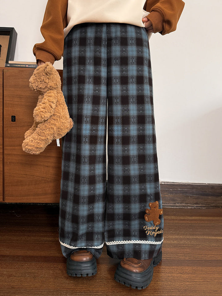 Blue Plaid Teddy Bear Wide Leg Pants