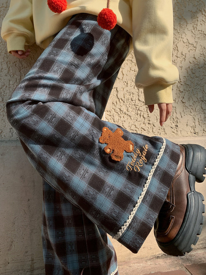 Blue Plaid Teddy Bear Wide Leg Pants