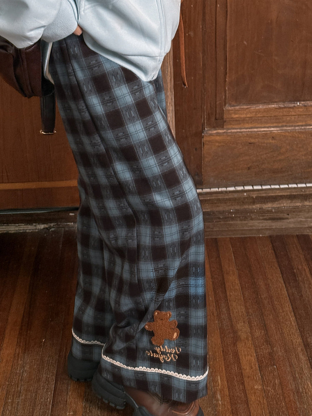 Blue Plaid Teddy Bear Wide Leg Pants