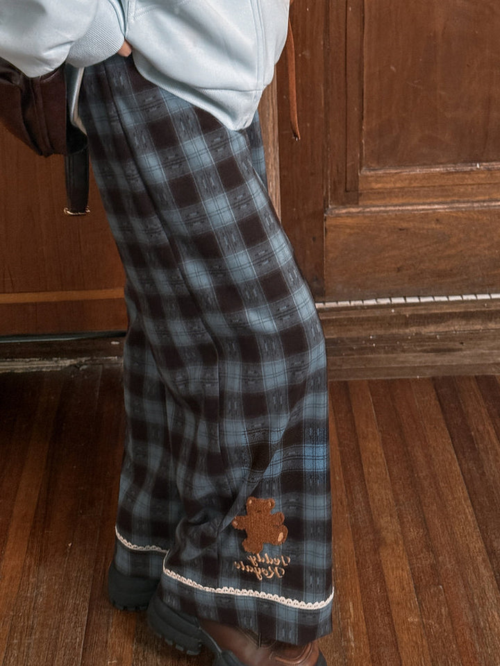 Blue Plaid Teddy Bear Wide Leg Pants