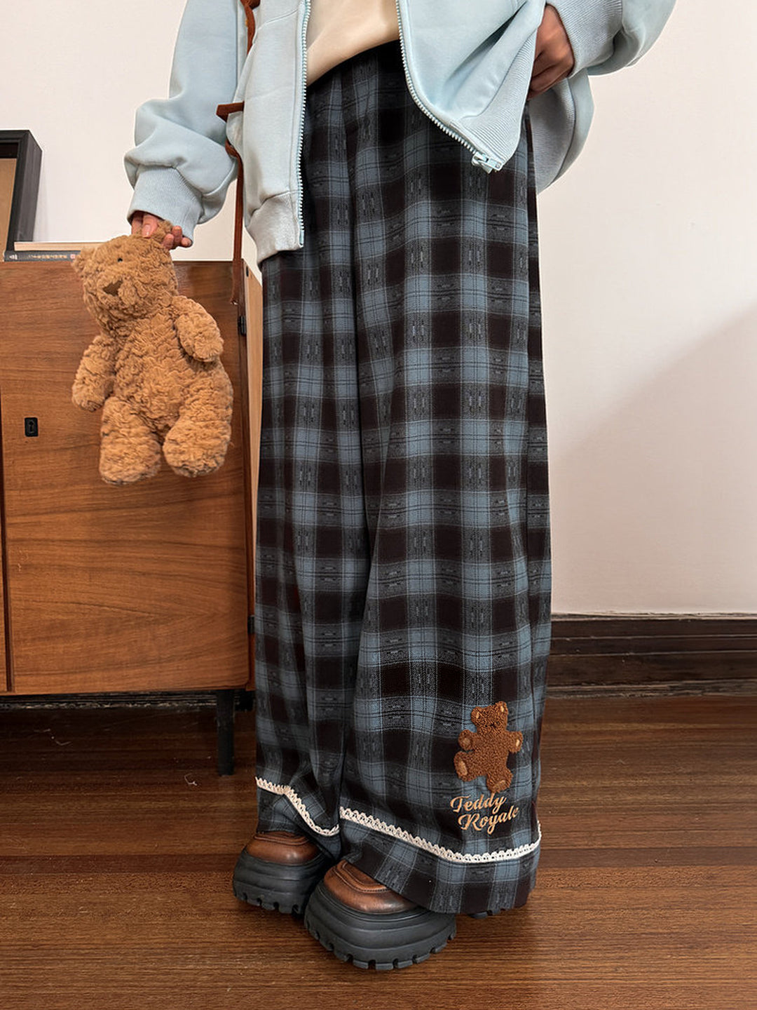Blue Plaid Teddy Bear Wide Leg Pants