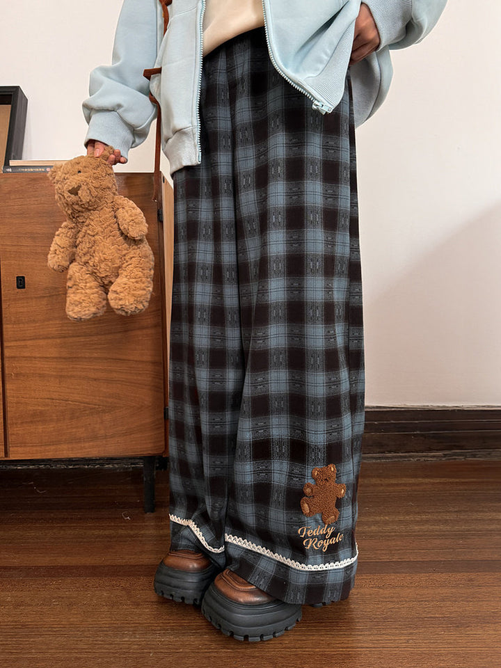 Blue Plaid Teddy Bear Wide Leg Pants