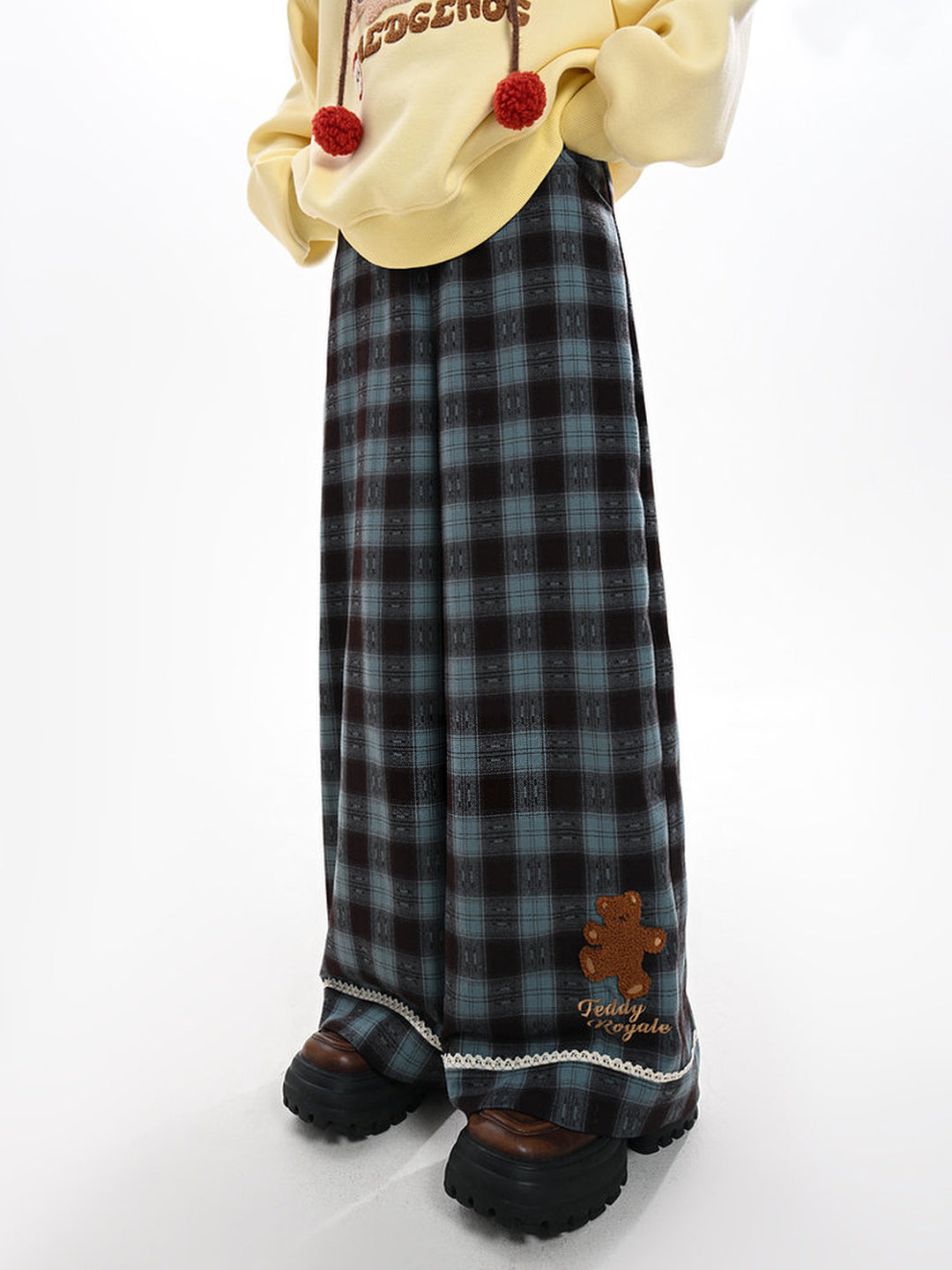 Blue Plaid Teddy Bear Wide Leg Pants