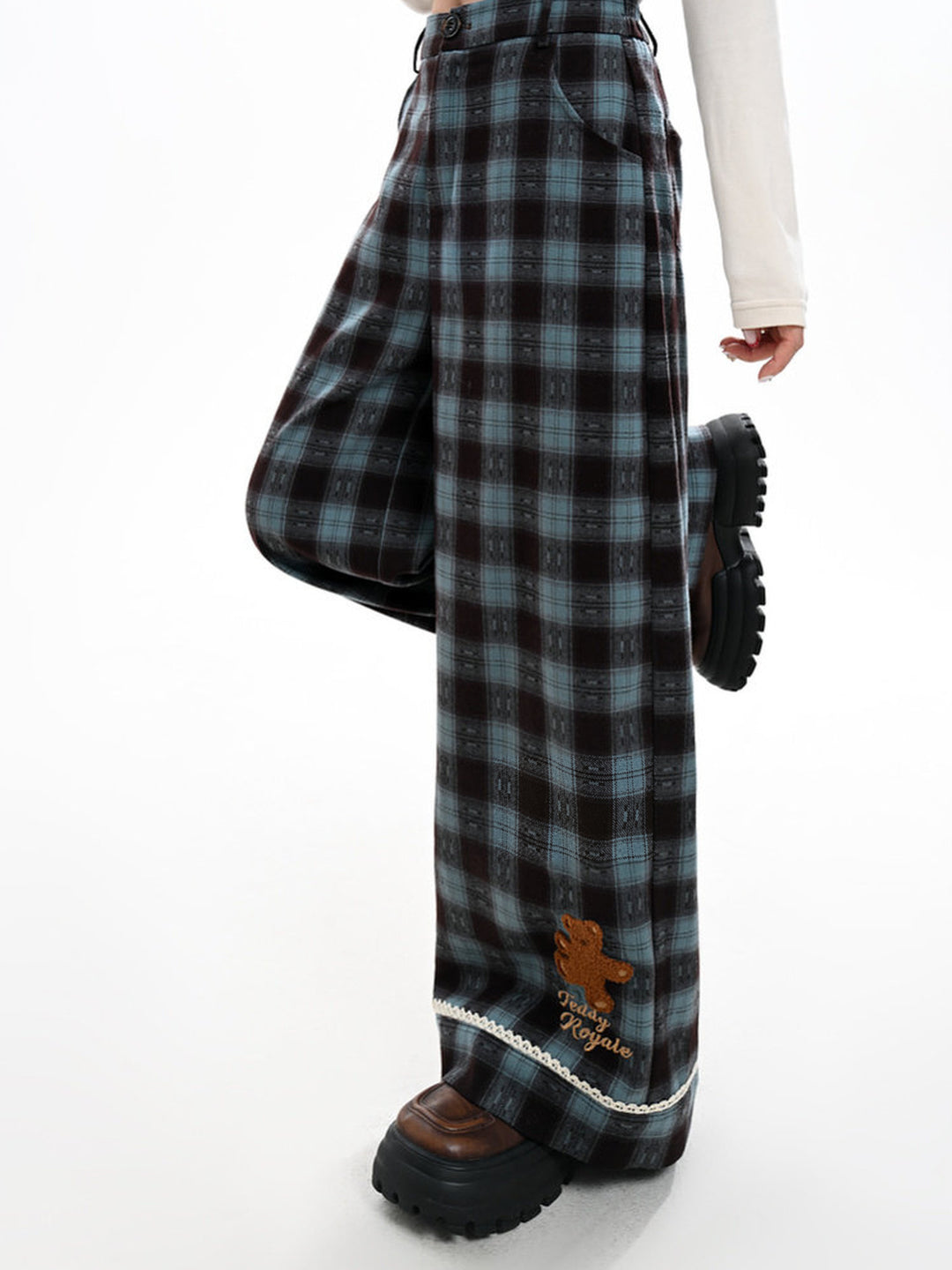 Blue Plaid Teddy Bear Wide Leg Pants