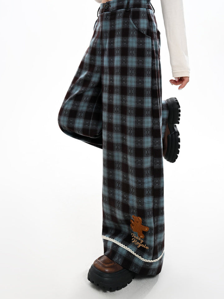 Blue Plaid Teddy Bear Wide Leg Pants