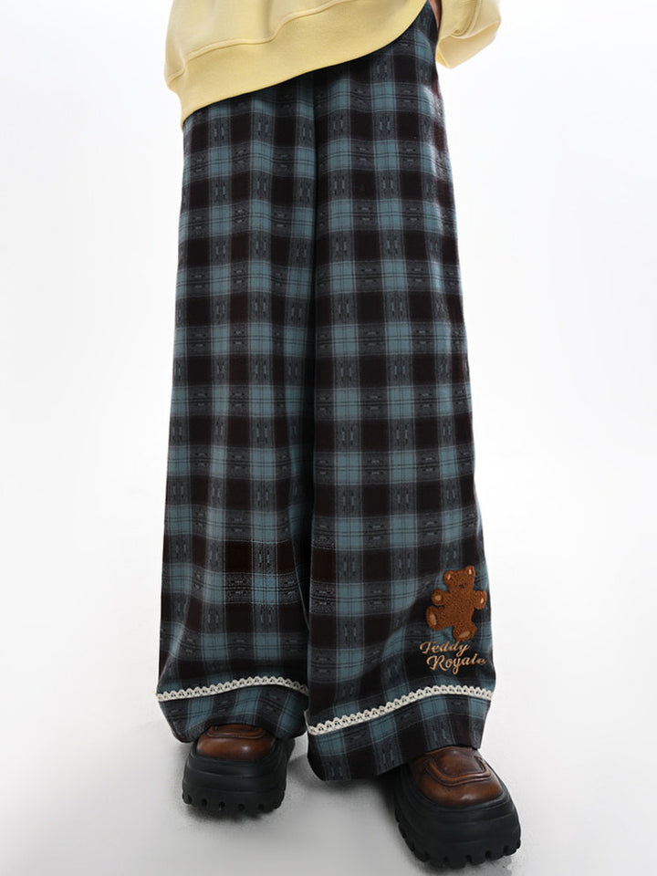 Blue Plaid Teddy Bear Wide Leg Pants