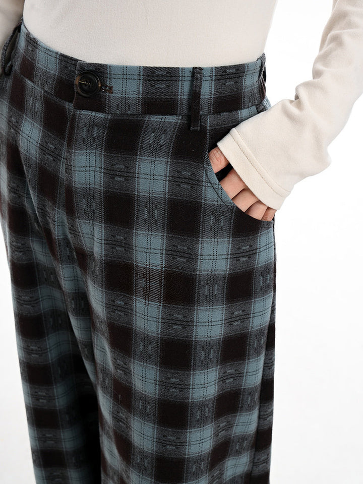 Blue Plaid Teddy Bear Wide Leg Pants
