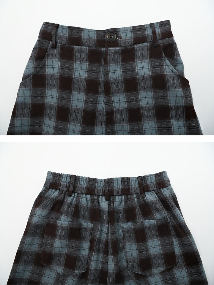 Blue Plaid Teddy Bear Wide Leg Pants