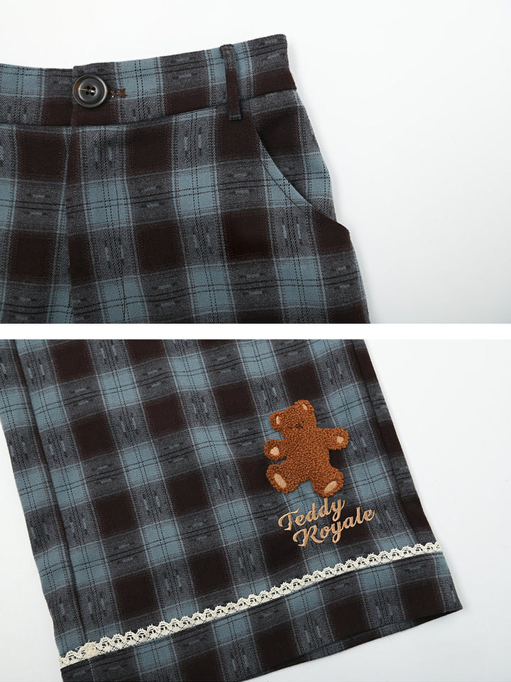 Blue Plaid Teddy Bear Wide Leg Pants