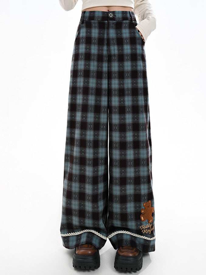 Blue Plaid Teddy Bear Wide Leg Pants