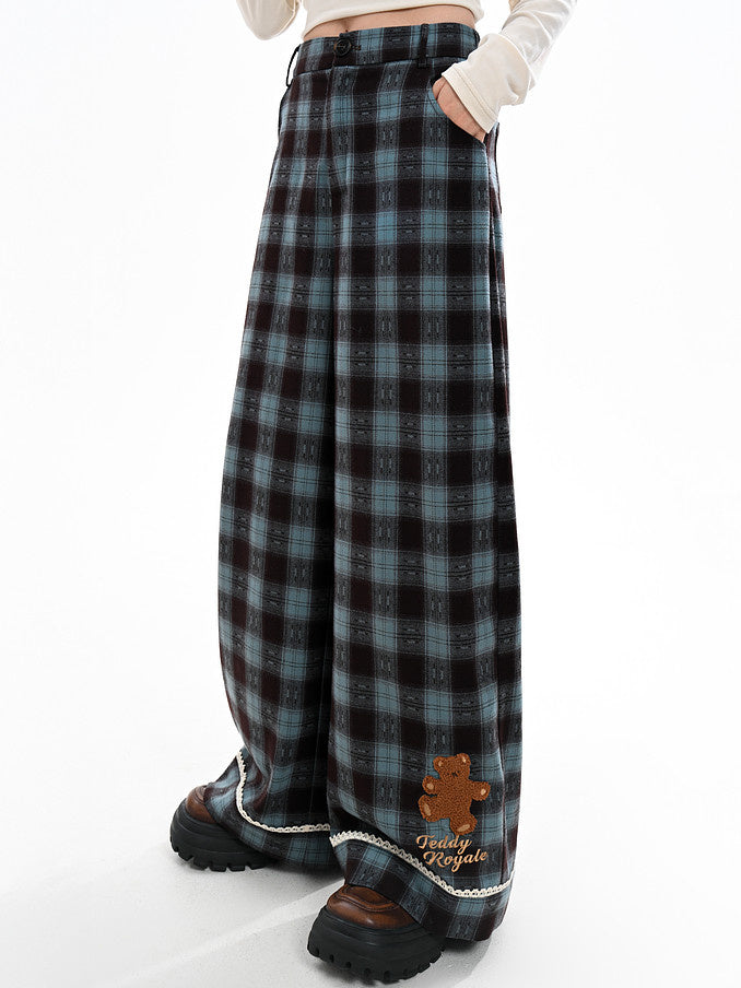 Blue Plaid Teddy Bear Wide Leg Pants