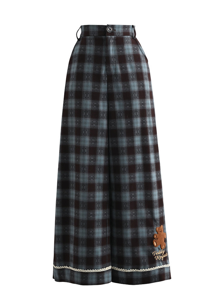 Blue Plaid Teddy Bear Wide Leg Pants