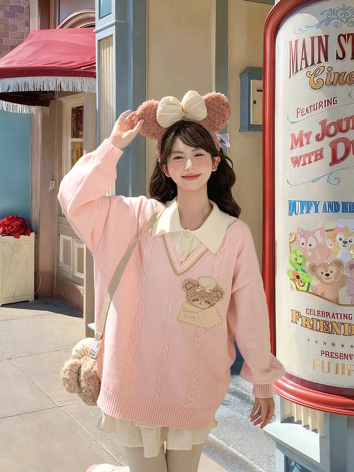 Bear Appliqué Faux-Layered Sweater