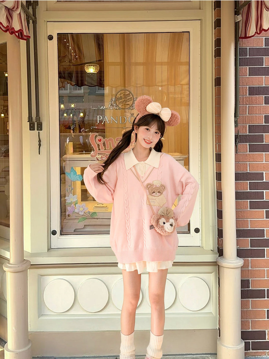 Bear Appliqué Faux-Layered Sweater