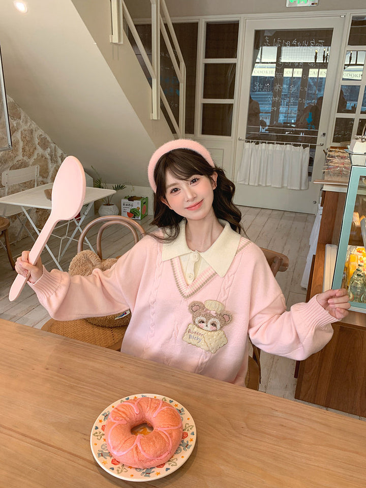 Bear Appliqué Faux-Layered Sweater