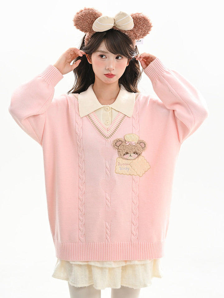 Bear Appliqué Faux-Layered Sweater