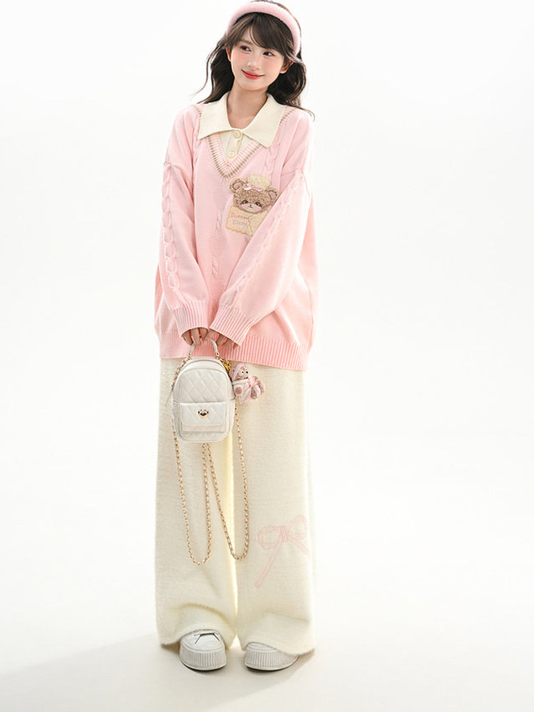 Bear Appliqué Faux-Layered Sweater