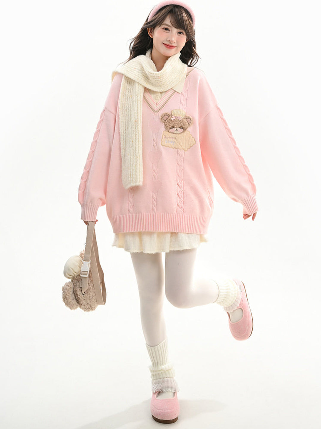 Bear Appliqué Faux-Layered Sweater