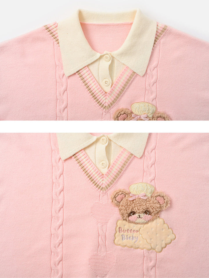 Bear Appliqué Faux-Layered Sweater