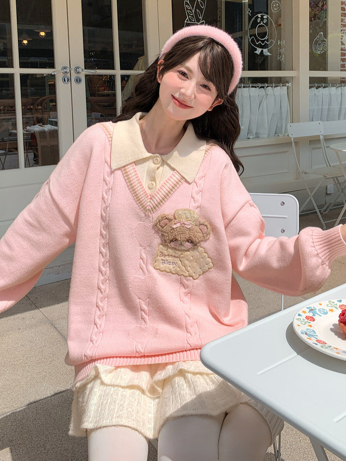 Bear Appliqué Faux-Layered Sweater