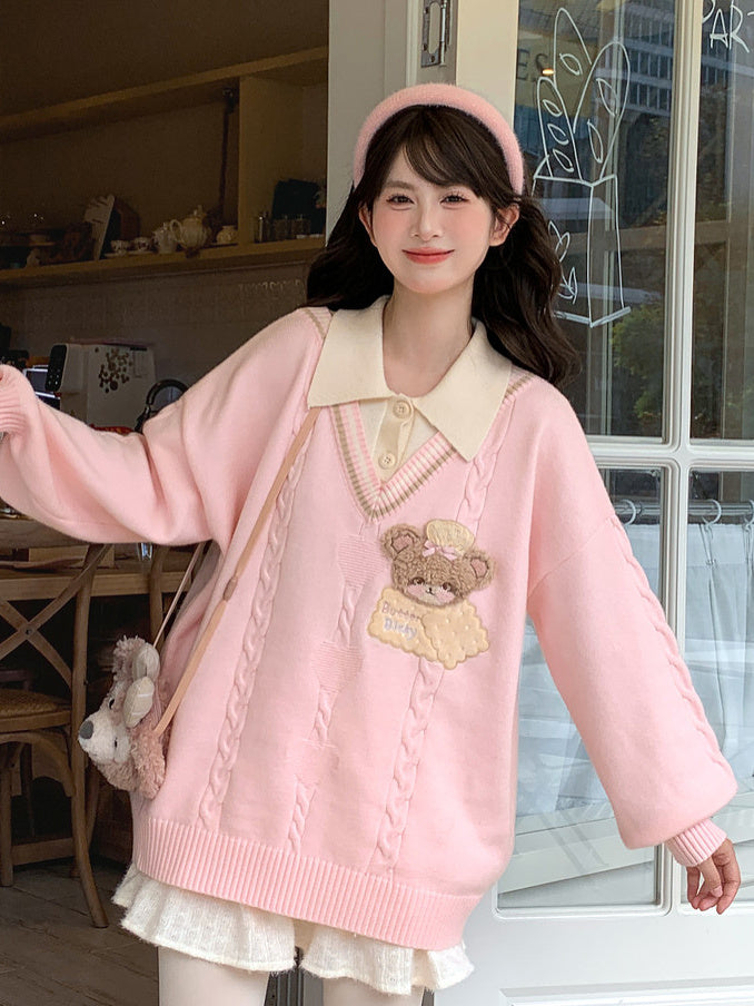 Fuzzy Cat Appliqué Knit Sweater