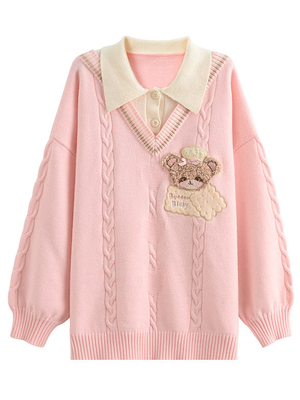 Bear Appliqué Faux-Layered Sweater