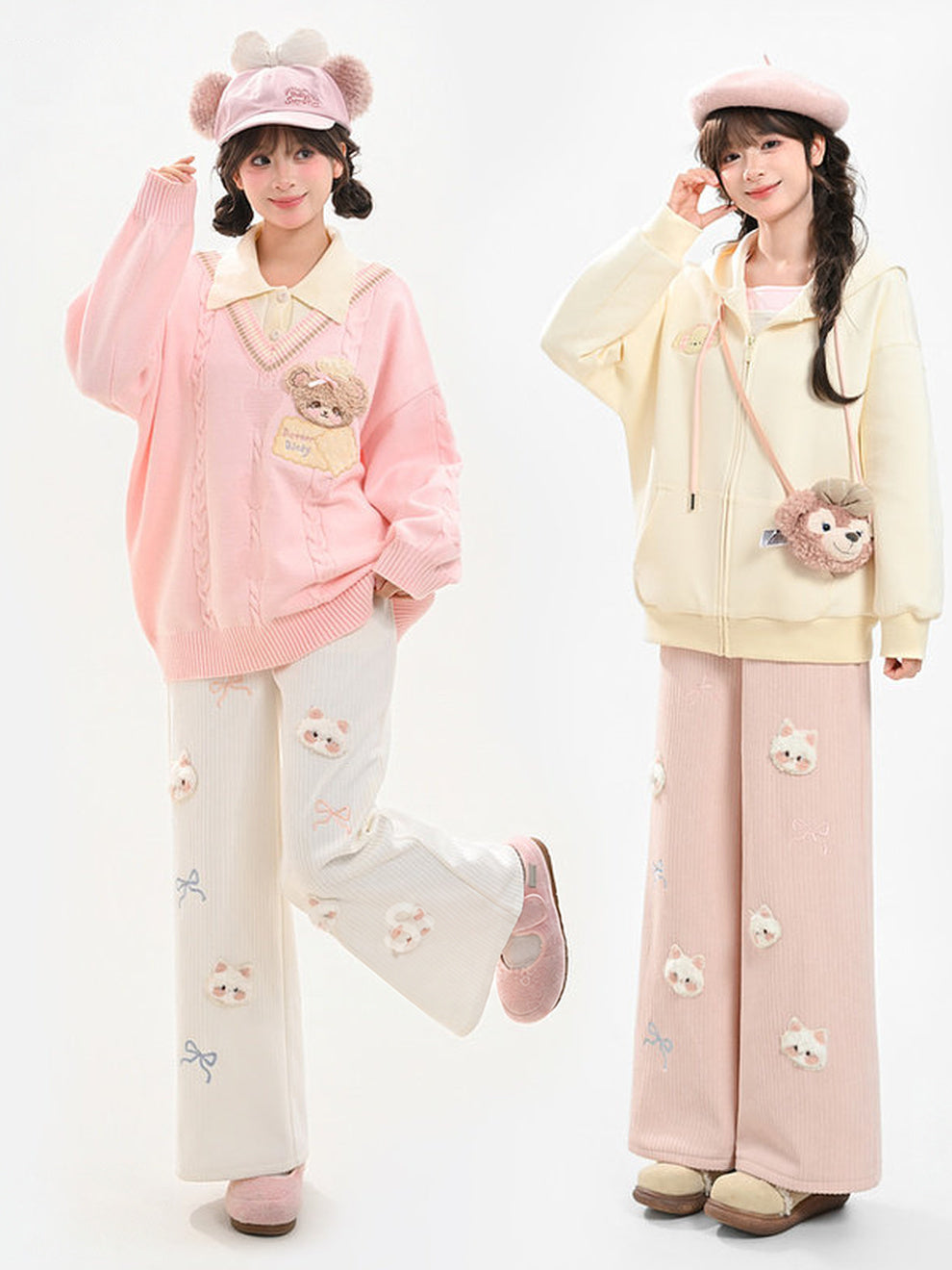 Plush Cat and Bow Ribbed Pants