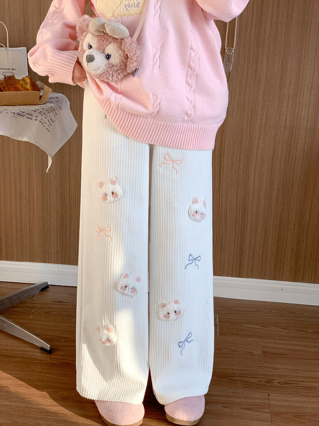 Plush Cat and Bow Ribbed Pants
