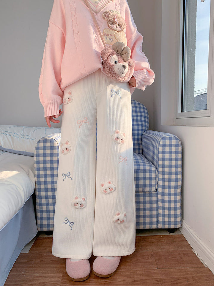 Plush Cat and Bow Ribbed Pants
